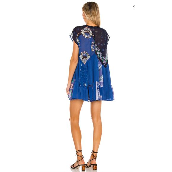 Free People XS Blue Boho Babydoll Mended With Scarves Festival Cotton Mini Dress - Picture 2 of 9